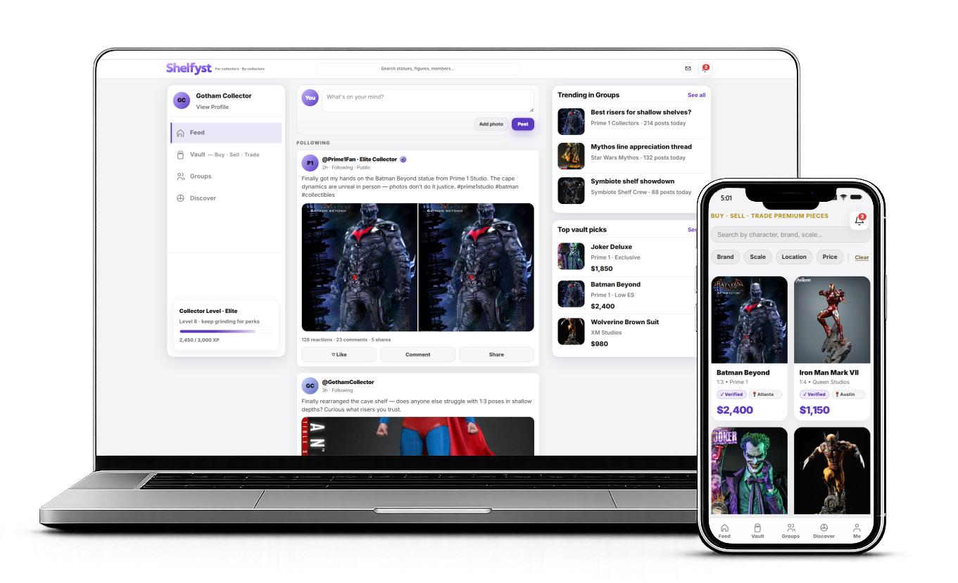 Shelfyst desktop feed and mobile Vault on laptop and phone.
